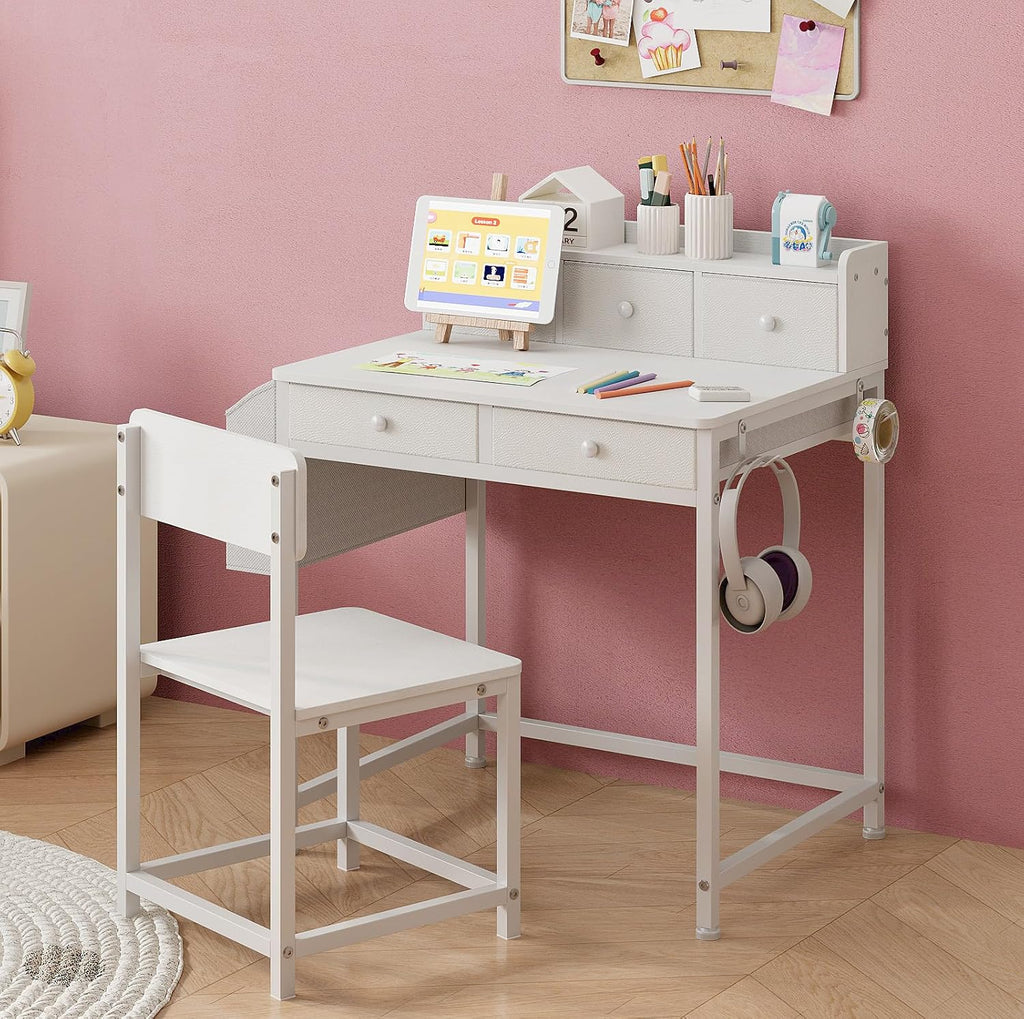 Kids Desk and Chair Set with 5 Fabrics Drawers, Ages 5-8, White
