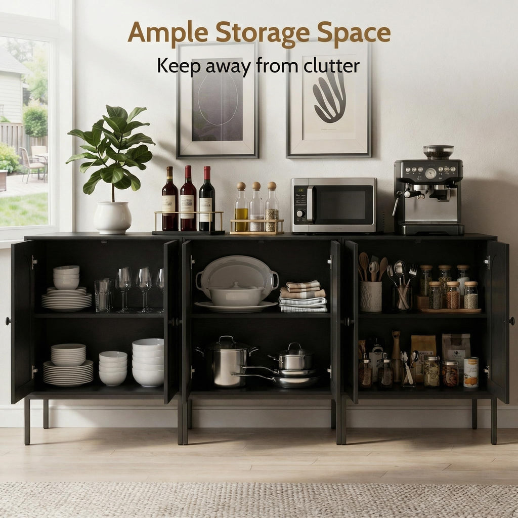 Fluted Sideboard Buffet Cabinet with Storage, Set of 3, Black