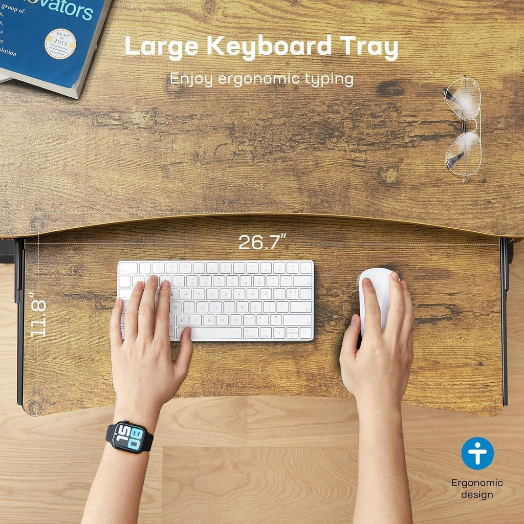 55" x 26" Electric Standing Desk, 2 Drawers & Keyboard Tray, Vintage | Ergonomic Desk with 2 Drawers: 27.9"-46.8"