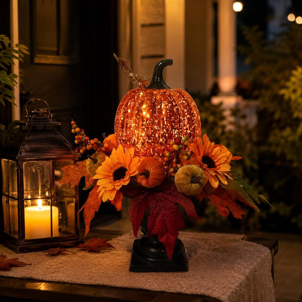 15 Inch Lighted Fall Pumpkin Arrangement with Pumpkin, Daisies | 15 LEDs with Mercury Glass-Style Pumpkin, Mini