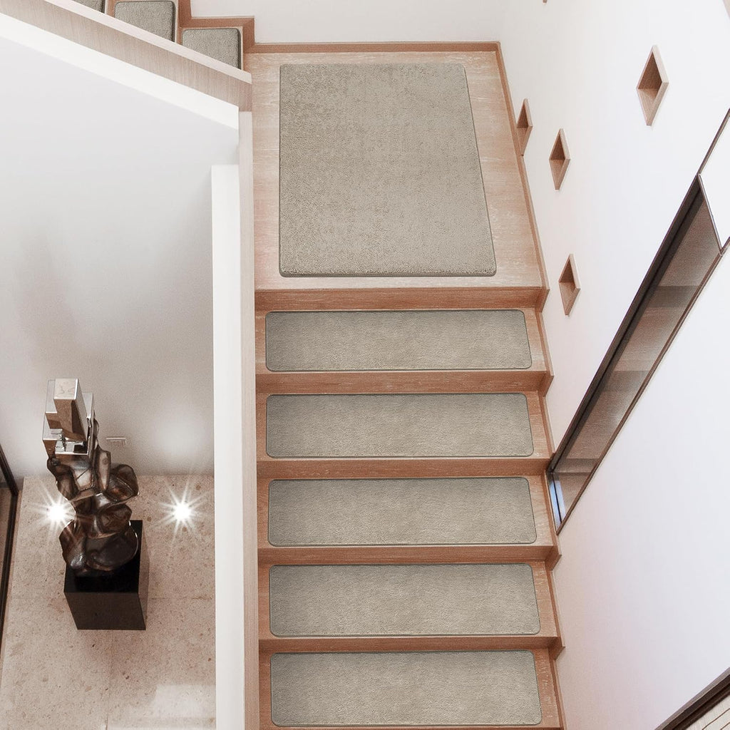 Ultra Plush Carpet Stair Treads 8 x 30 Inch Cream Gray 14 Pcs | Soft Indoor Stair Protector,Reduce Noise,Self