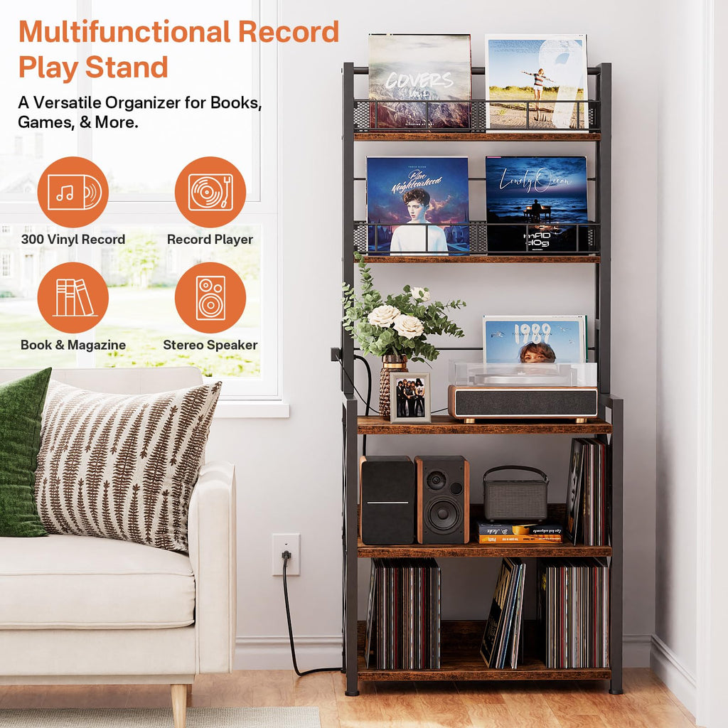 Record Player Stand with Power Outlet - Turntable Display Shelf