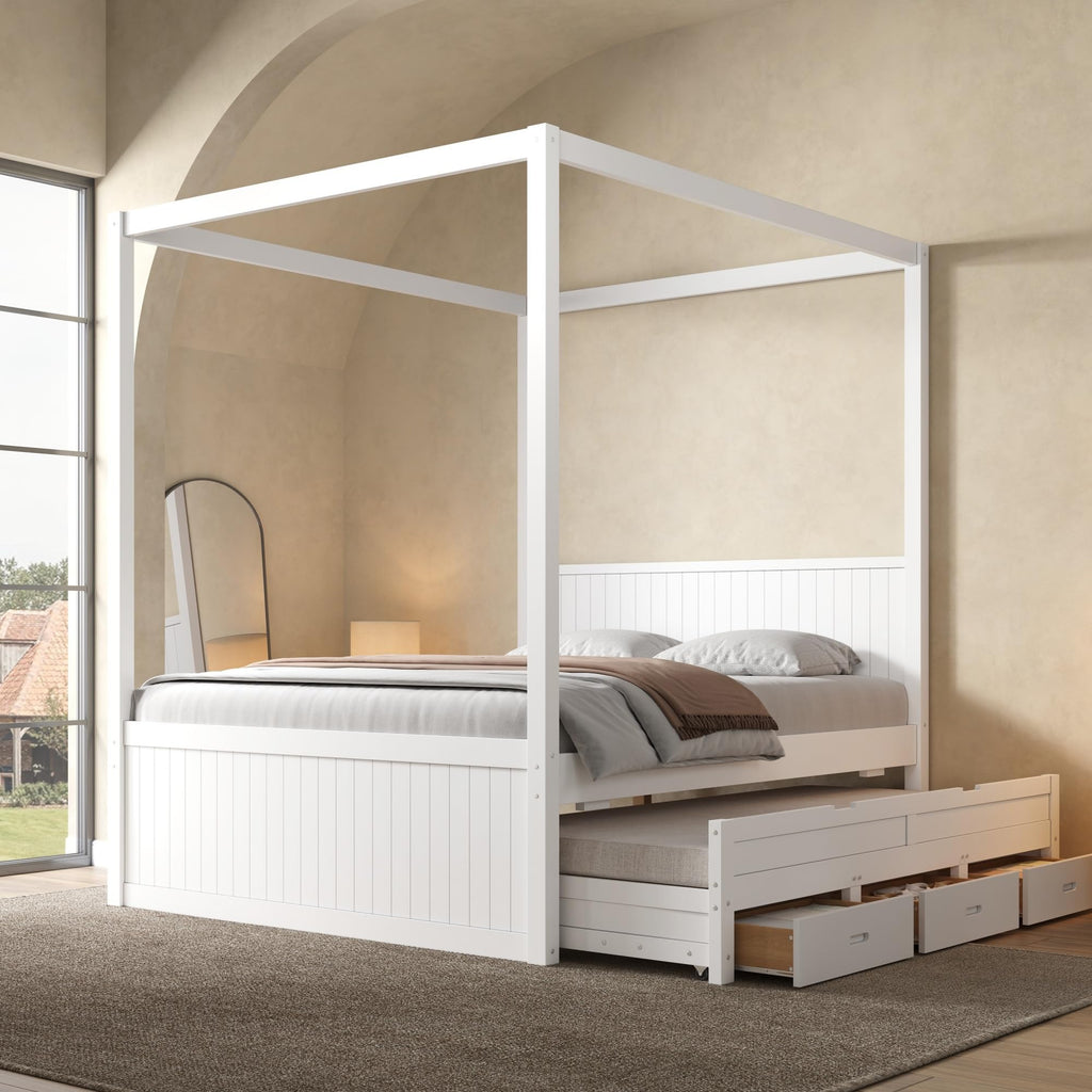 Canopy Bed Frame, Farmhouse Wood 4 Poster Platform Bed with Storage Drawers and Trundle, No Box Spring