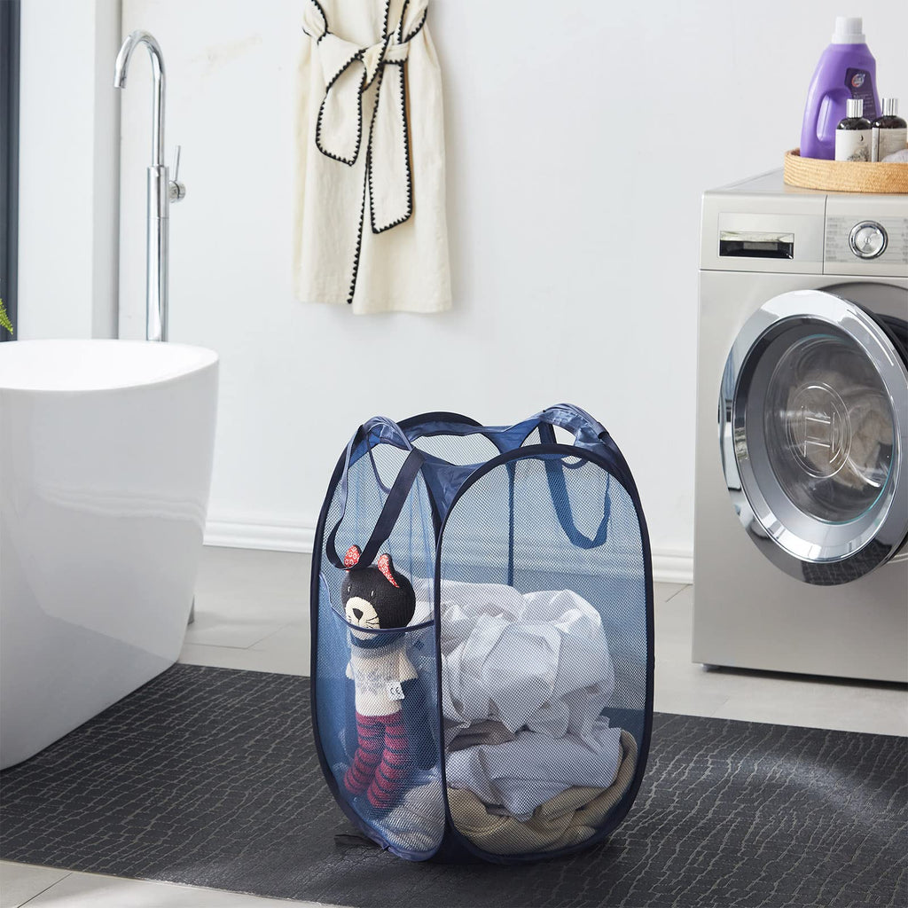 Collapsible Mesh Pop Up Laundry Hamper with Sturdy Handles and Side Pocket - Portable Foldable Clothes Baskets &
