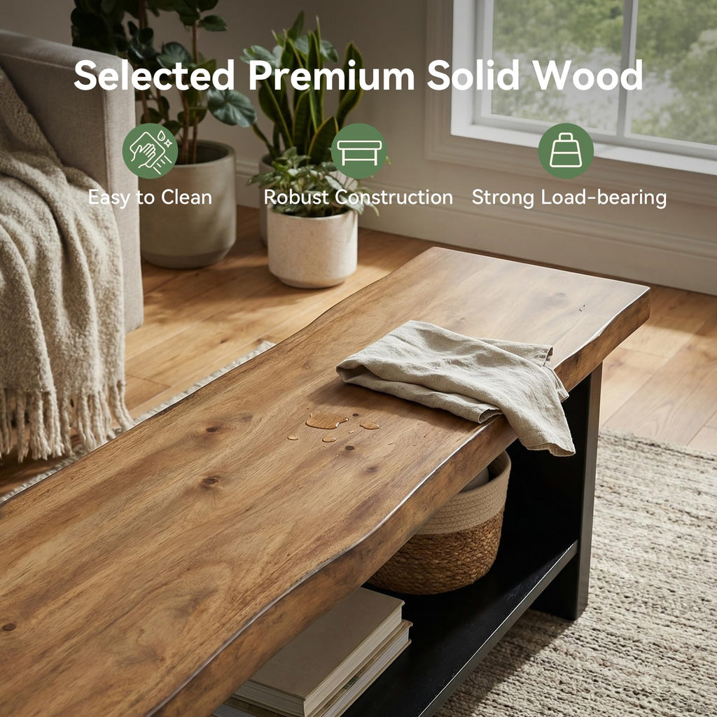 55" Solid Wood Bench with Shoe Storage, 2-Tier Farmhouse Entryway Bench, Narrow Rustic Brown Bench