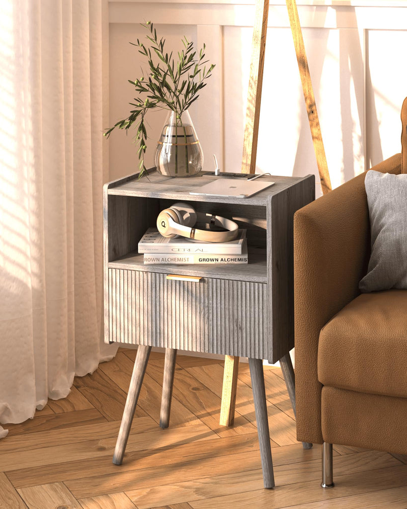 Nightstand with Outlet, Modern Bedside Table with Storage Drawer and Open Wood Shelf, and Small Spaces, Accent Night