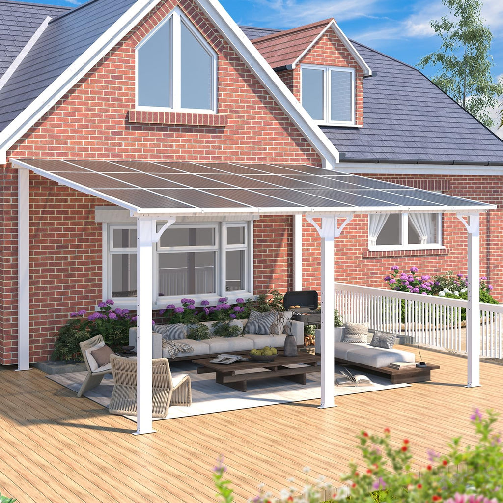 14' x 12' Hard Top Lean-to Gazebo - Aluminum Wall-Mounted Pergola with Waterproof Roof, White