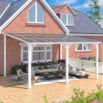 14' x 12' Hard Top Lean-to Gazebo - Aluminum Wall-Mounted Pergola with Waterproof Roof, White