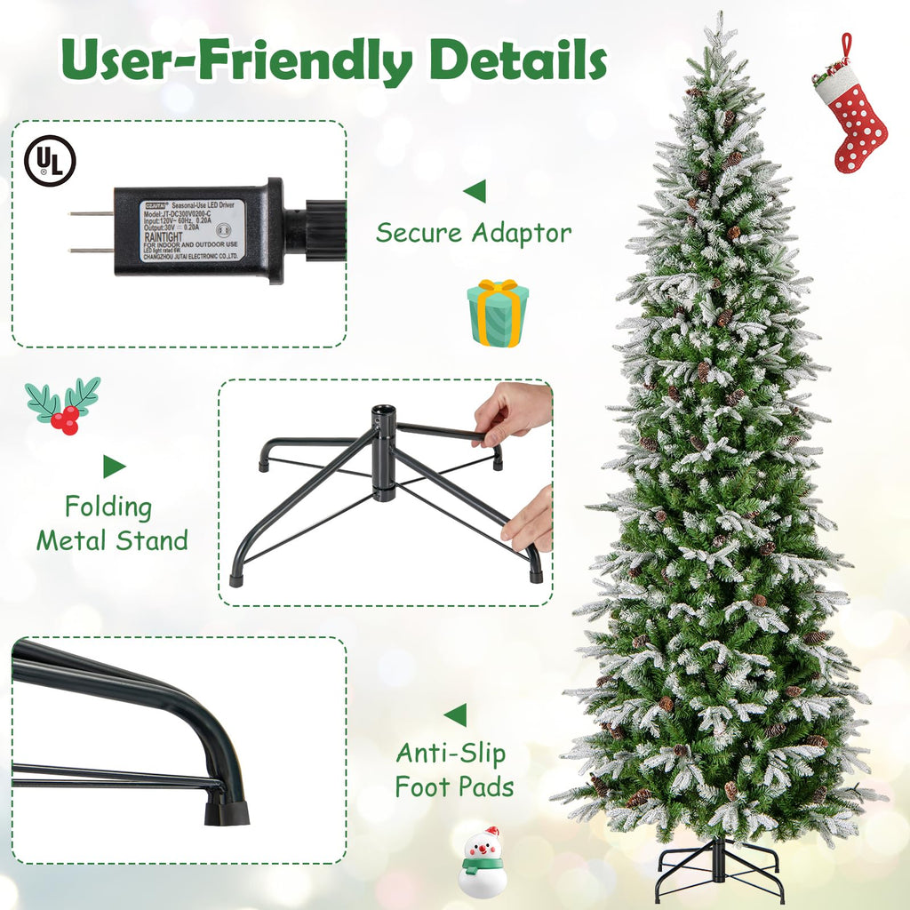 9 FT Pre-lit Flocked Pencil Christmas Tree, Hinged Artificial Xmas Tree with 1310 PE PVC Branch Tips, 470 Warm White