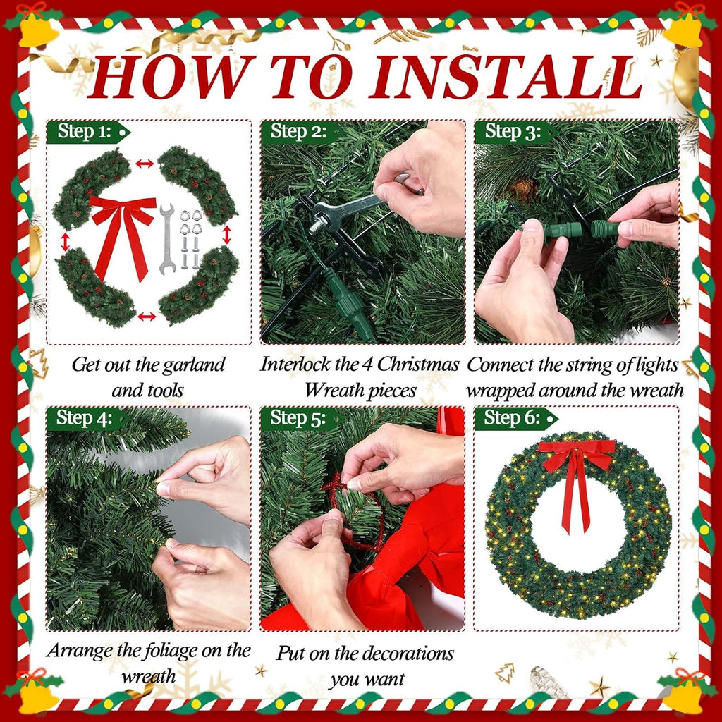 60 Inch Large Prelit Christmas Wreath with 300 Warm White String Lights 8 Lighting Modes Artificial Outdoor Xmas