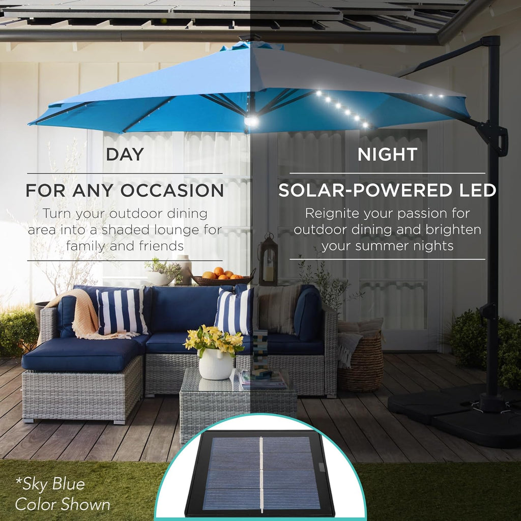 10ft Solar LED Cantilever Patio Umbrella, 360-Degree Rotation Hanging Offset Market Outdoor Sun Shade w/Lights - Black