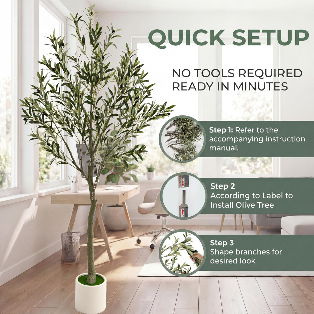 7ft Fake Olive Tree Artificial Indoor, Faux Olive Tree with Pot, Large Olive Branches and Lifelike Fruits, House Living