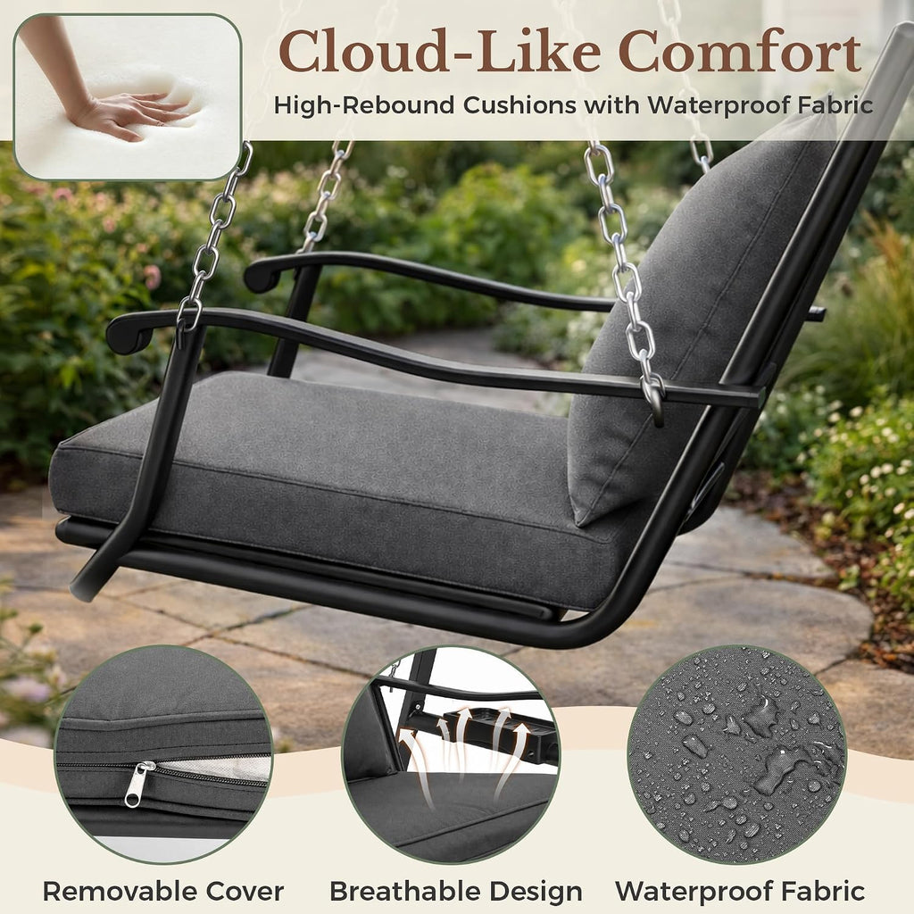 Porch Swing with Stand, 350lbs Heavy-Duty Metal Frame Outdoor Swing for Adults with Dual Side Trays, Adjustable