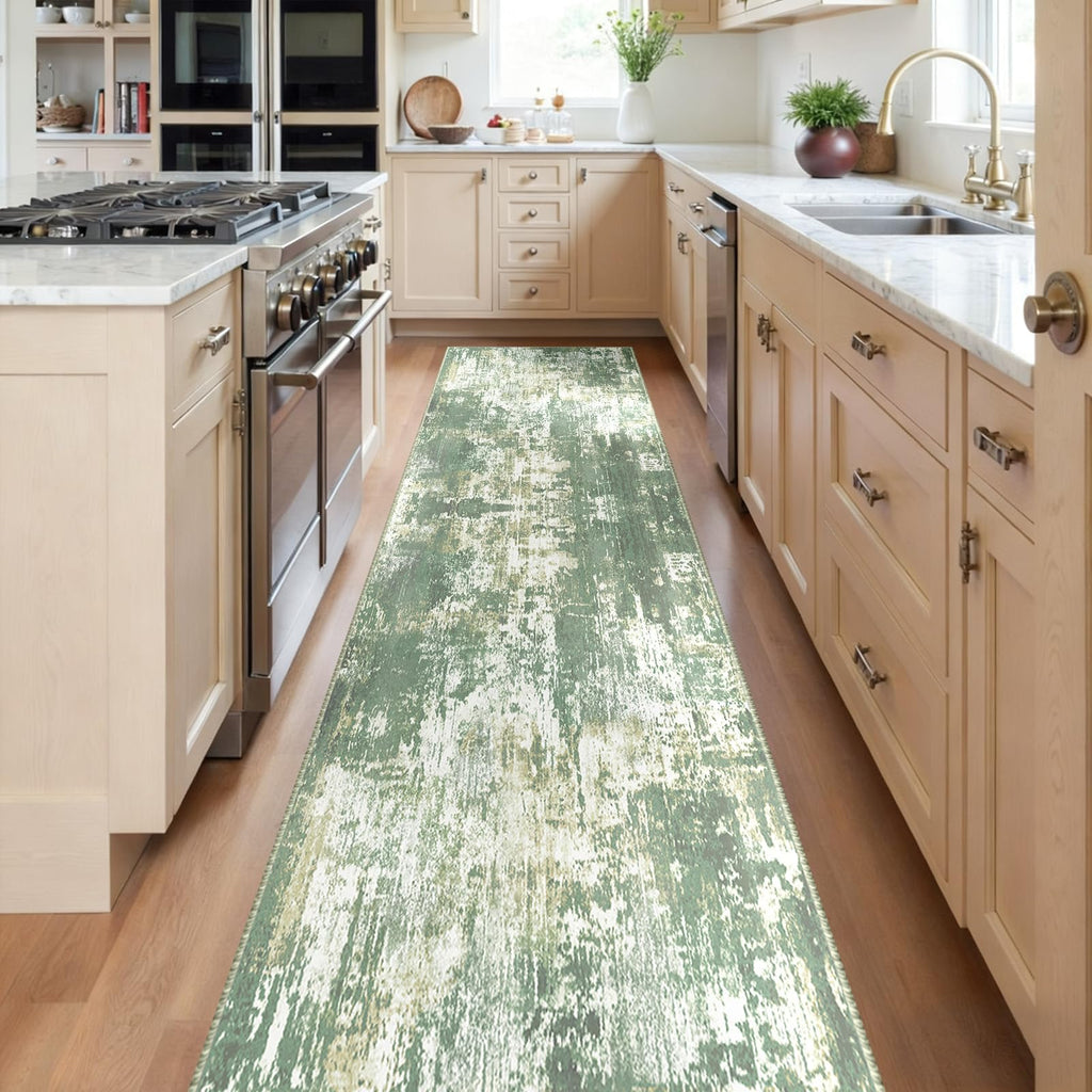 Washable Runner 2'x10' Abstract Area Rug Light Green