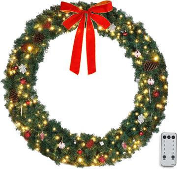48" Lighted Christmas Wreath,Lighted Artificial Christmas Wreath Holiday Accent Decoration with Lights 150 LED