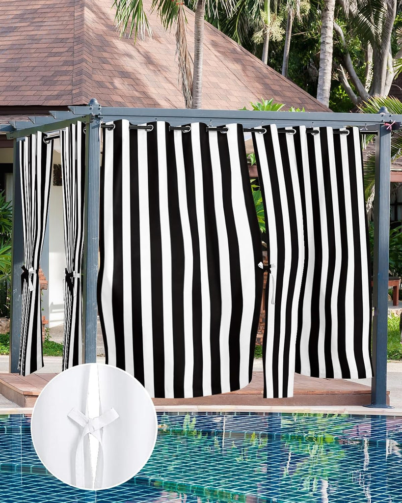 Outdoor Curtains Waterproof Black and White Stripe Indoor/Outdoor Curtain Tiebacks Simple Style Privacy Curtain Sun