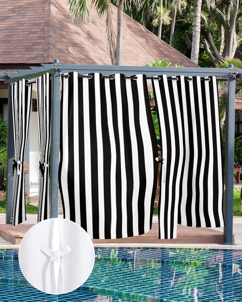 Outdoor Curtains Waterproof Black and White Stripe Indoor/Outdoor Curtain Tiebacks Simple Style Privacy Curtain Sun