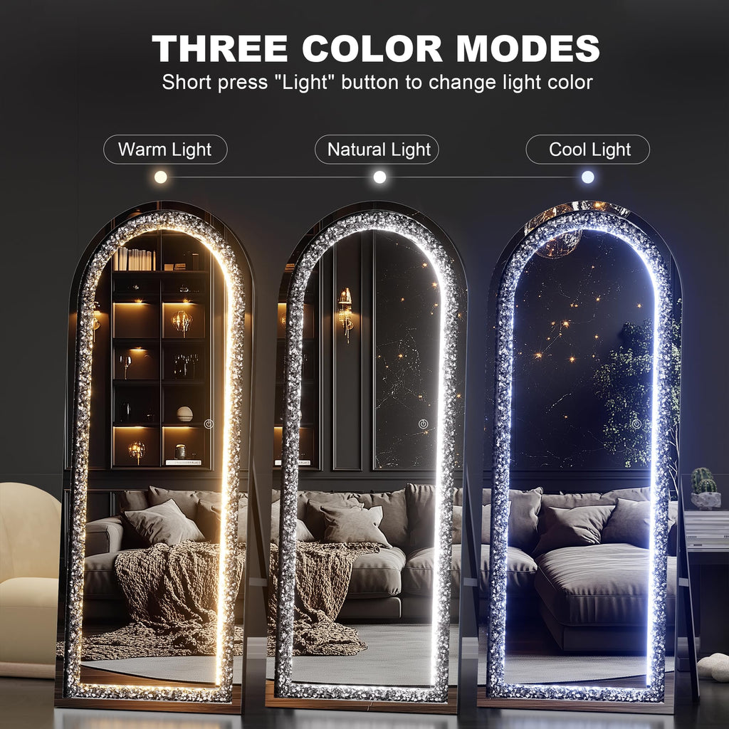 59"×18" LED Full-Length Mirror Arch Design with Crystal Crush Diamond, Wall Mounted Diamond Mirror Leaning Bedroom