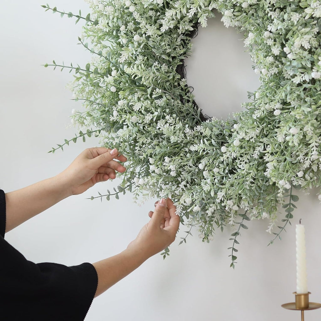 26" Large Artificial Eucalyptus Wreath for Front Door Decor (White-Green)