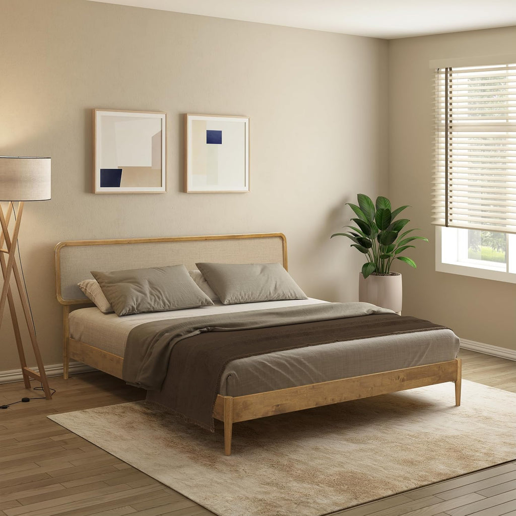 Lupin Wooden Bed Frame with Headboard, Solid Oak and Rubber Wood Foundation with Silent Slats and Wood Central - Set of 6