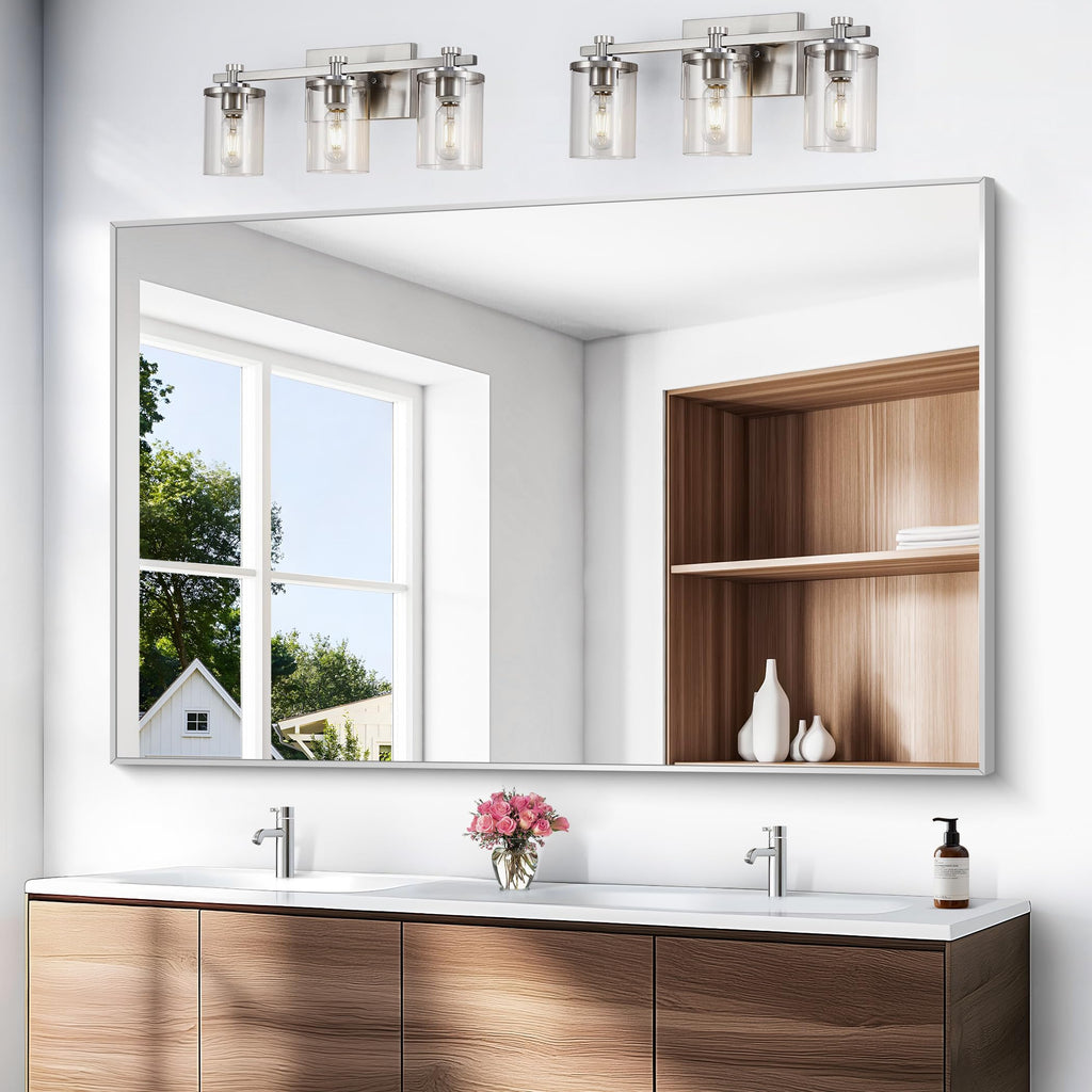 Silver Bathroom Mirror, 60x40 inch Wall Mirror Wall Mounted, Large Rectangle Mirror Over Sink, Modern Metal Frame