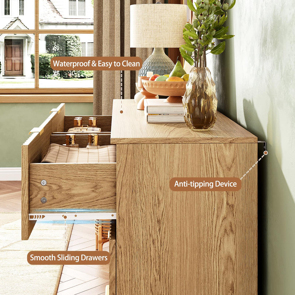 47.2" Wide Fluted 6 Drawer Dresser, Natural