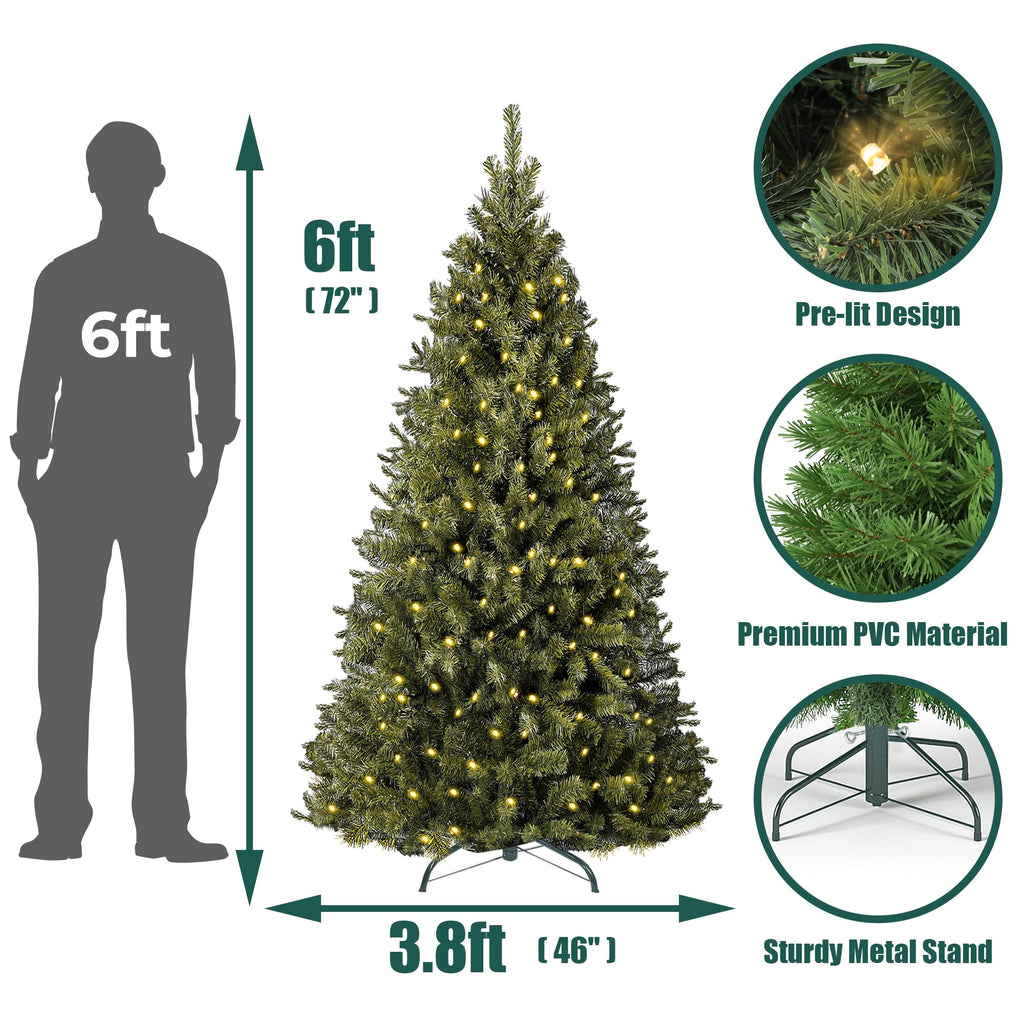 6ft Pre-Lit Christmas Tree, Green Artificial Full Spruce Christmas Tree, Party Decoration w/ 970 Branch Tips, 250