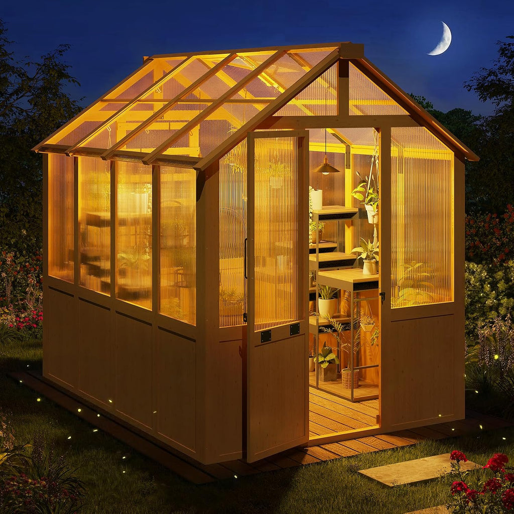 6x8 FT Wooden Greenhouse for Outdoors, Walk-in Greenhouse Kit with 4mm Polycarbonate Panels, Adjustable Roof Vent and