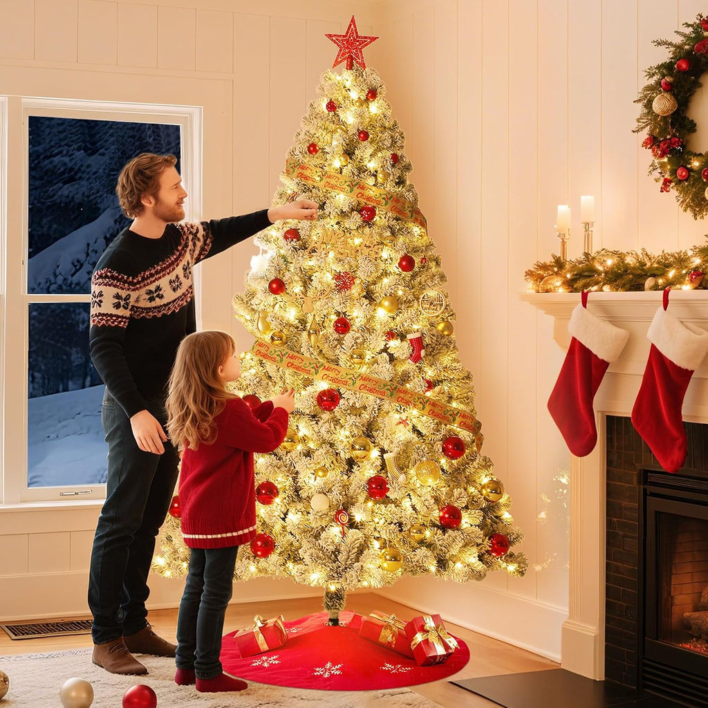Pre-Lit Flocked Artificial Christmas Tree with Warm White Lights, Pure PVC Material, Hinged Branches for Easy