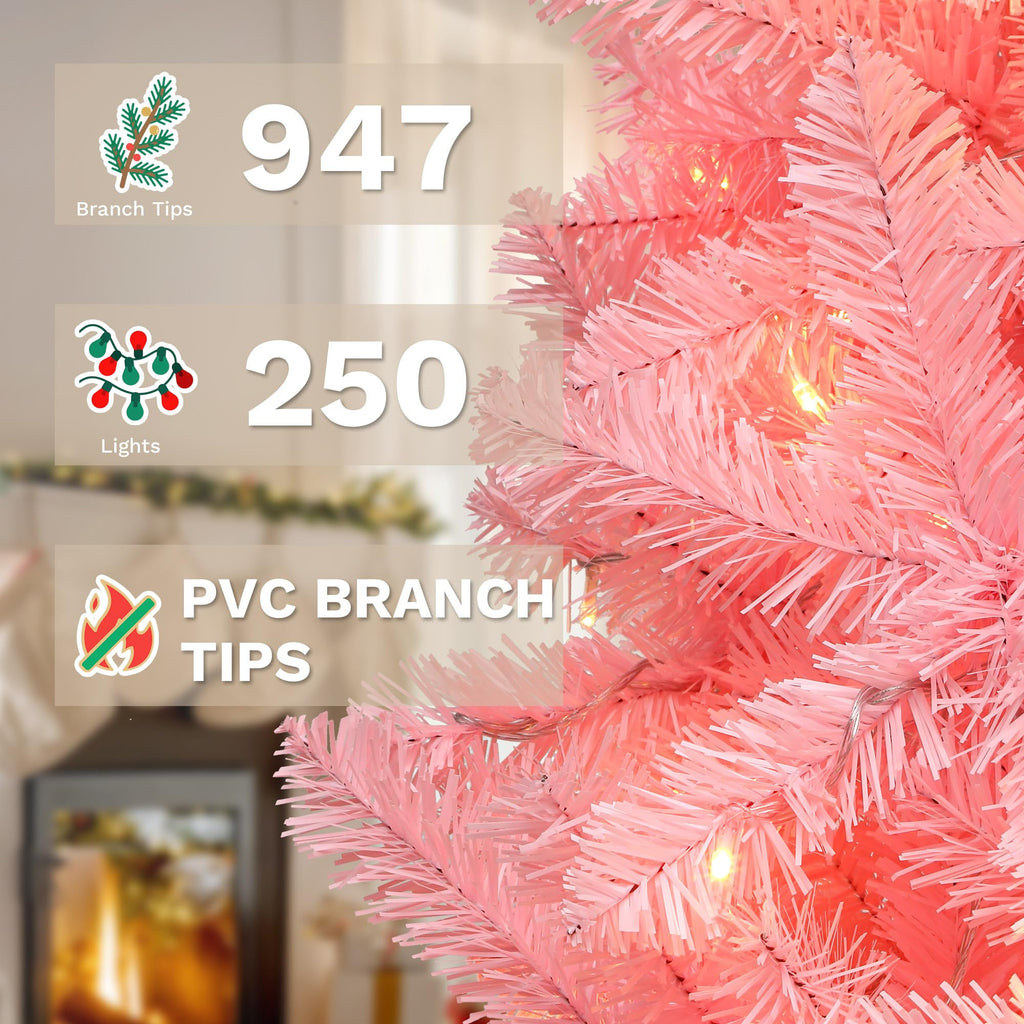 6FT Prelit Pink Artificial Christmas Tree w/250 Warm White Lights