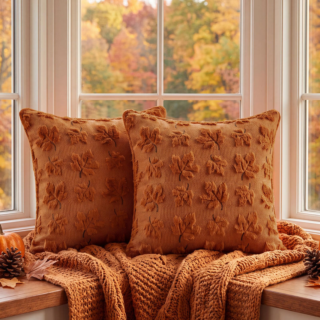Fall Throw Pillow Covers 20x20 Set of 2 Rust Orange Plush Maple Leaf