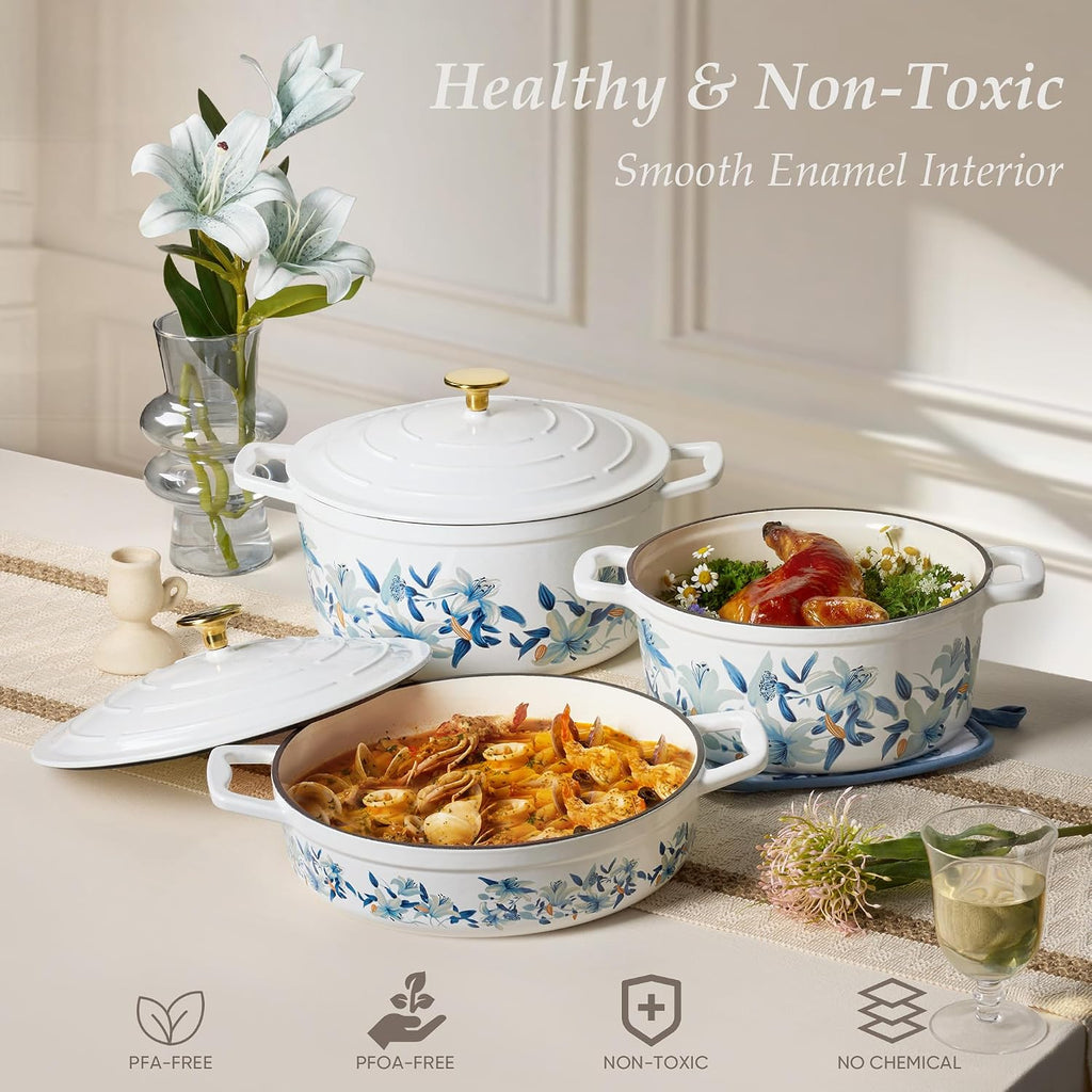3.5QT Enameled Cast Iron Braiser Pan, Shallow Floral Dutch Oven Casserole Skillets, Non-Toxic Cast Iron Pot with Lid
