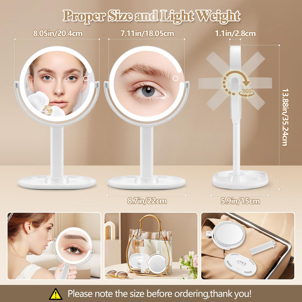 Makeup Mirror with Lights, 20X Magnifying Mirrors, Height Adjustable, Vanity Mirror with Lights Rechargeable 3 Color