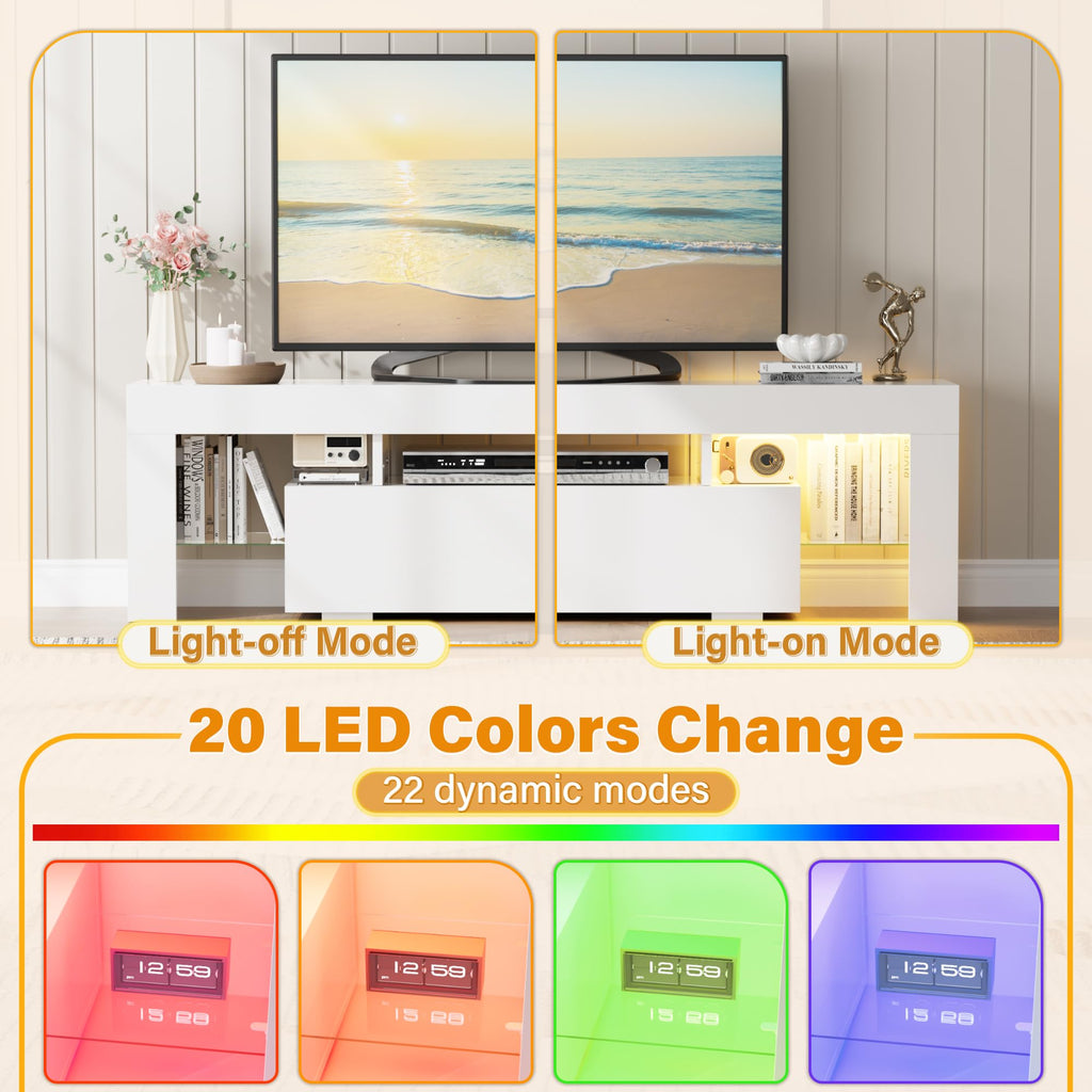 Modern TV Stand with LED Lights, Entertainment Center with Glass Shelves and Drawer, Mid Century TV Stand with