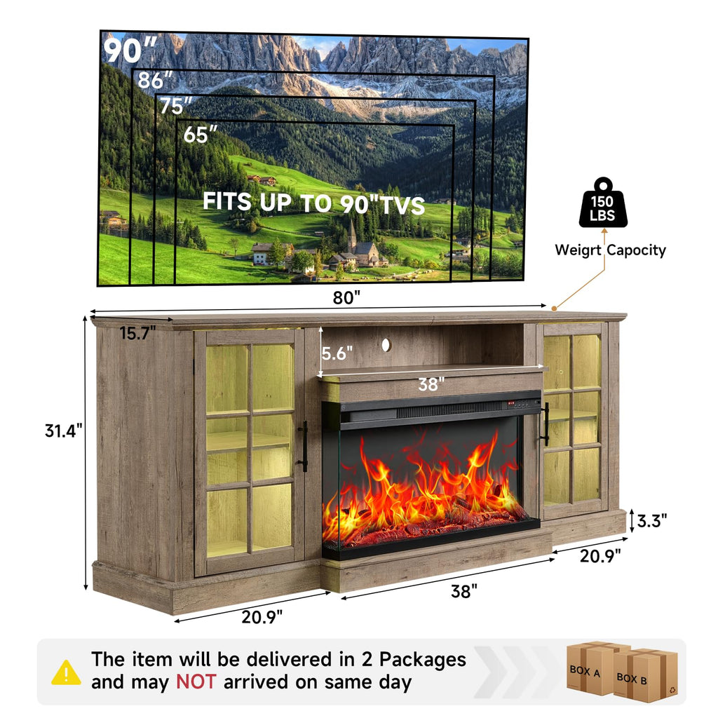 3 Sided Glass 80" for TVs up to 90inch, Media Entertainment Center with Glass Door Storage Cabinet, 36" Electric