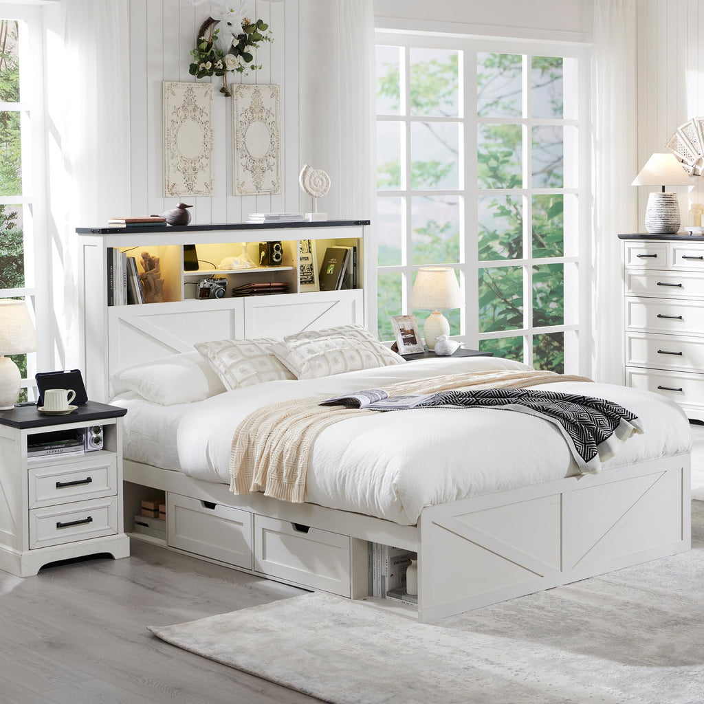 Bed Frame Farmhouse with 52" Storage Bookcase Headboard, 4 Drawers Wooden Bed Frame, LED Light, Charging