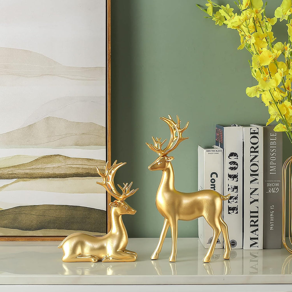 Large Reindeer Sculpture, Gold Resin Christmas Elk Set of 2