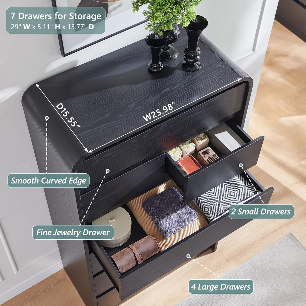Modern 7 Drawers Dresser, 55" Tall Curved Dresser, Black