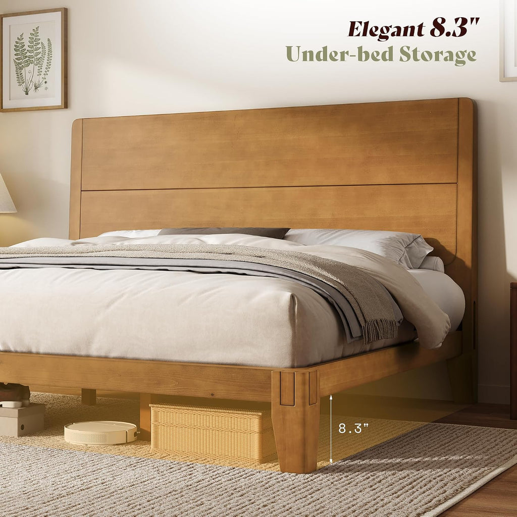 Solid Wood Queen Bed Frame with Headboard, Japanese Joinery, Brown