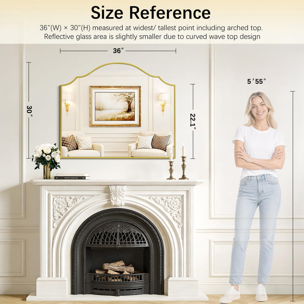 Scalloped Arched Mirror, 36"x30" Gold Mantel Mirror with Metal Frame, Decorative Vintage Wall Mirror Vanity