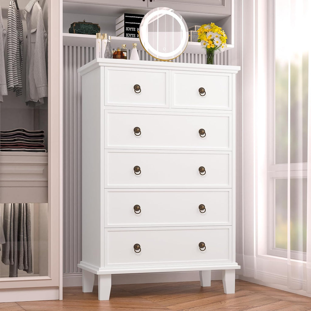 6 Drawer Tall Dresser , White Large Chest of Drawers, Modern Farmhouse 6 Drawers Storage Dresser