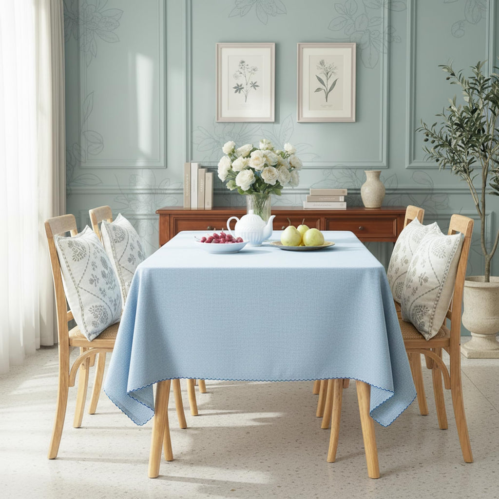 Cotton Tablecloth 60 x 90 Inch Rectangle - Sky Blue Table Cloth with Embroidered Edge Trim - Table Cover, Farmhouse
