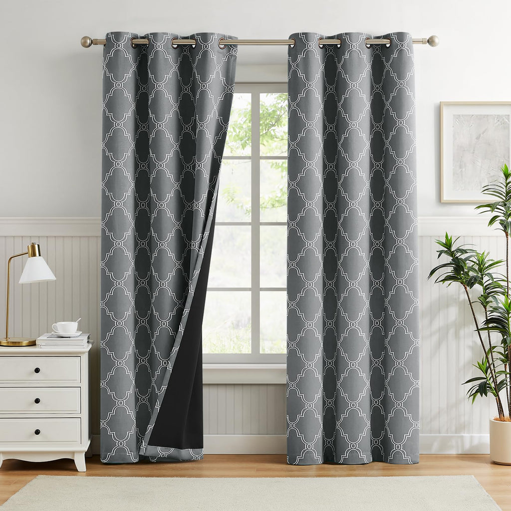Moroccan Print Full Blackout Curtains 84 Inches Long Living Room, Thermal Insulated Noise Reducing Privacy Grommet