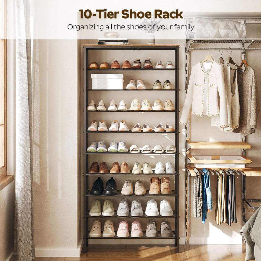 10 Tier Shoe Rack, Large Capacity Shoe Storage Organizer Holds 40 Pairs, Sturdy and Stable, Closet, Dorm Room, Rustic