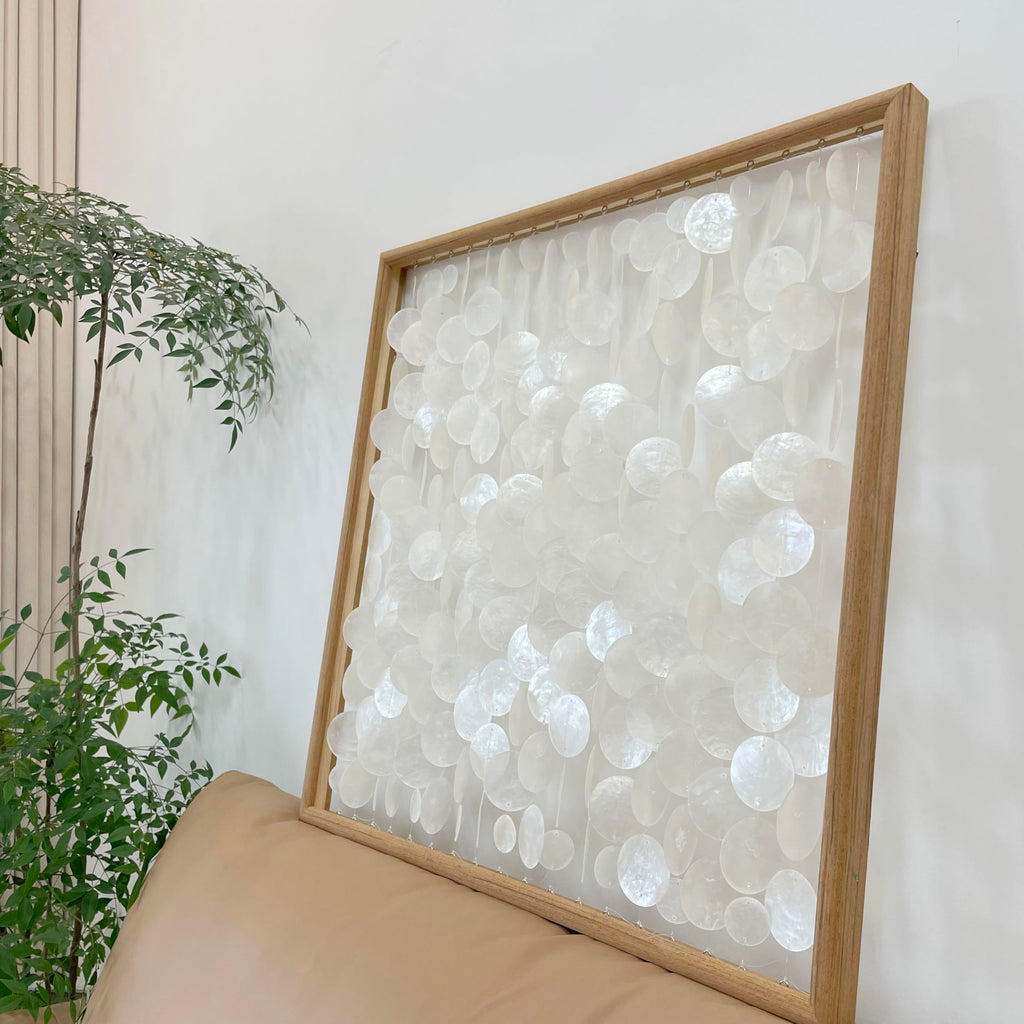 3D Handmade 24"x24" Capiz Shell Wall Hanging Decor, Solid Wooden Framed Coastal Wall Decor, Minimalist White Sea