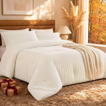 Beige Comforter Set - 3 Pieces Seersucker Lightweight Bedding Comforter Sets (1 Soft Fluffy Comforter & 2