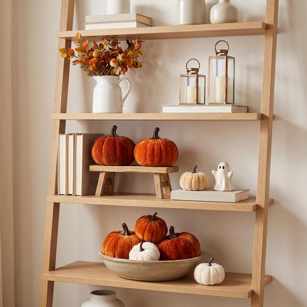 Velvet Pumpkins, 10-Piece Fall Decor, Beige Brown Orange