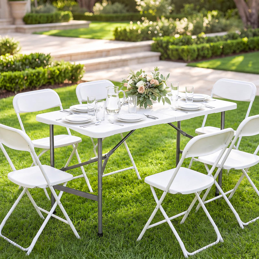 4FT Portable Folding Table, White Square Card Table with Carrying Handle & No Assembly, Slim Folding Table Built in