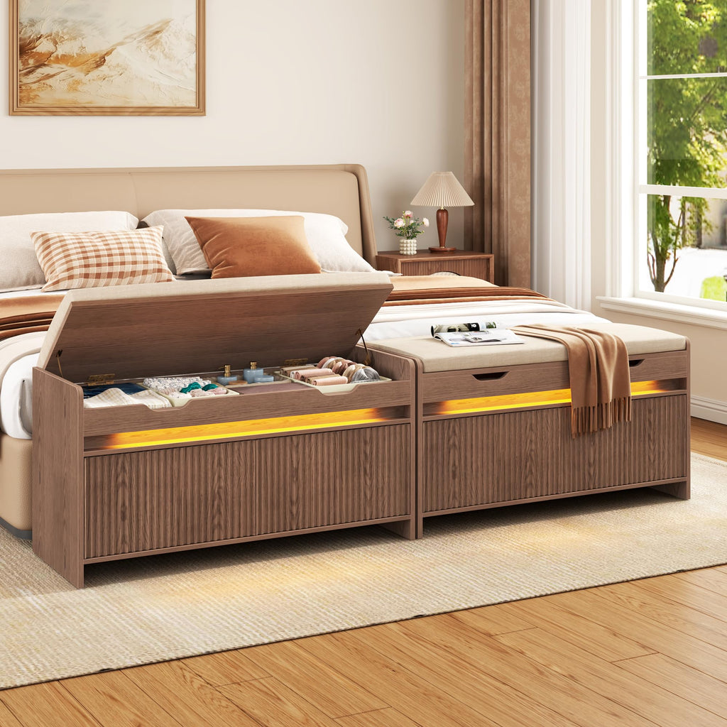Shoe Storage Bench, Modern Entryway Bench with Fluted Doors & Built-in LED Sensor Light, Wooden Shoe Bench with