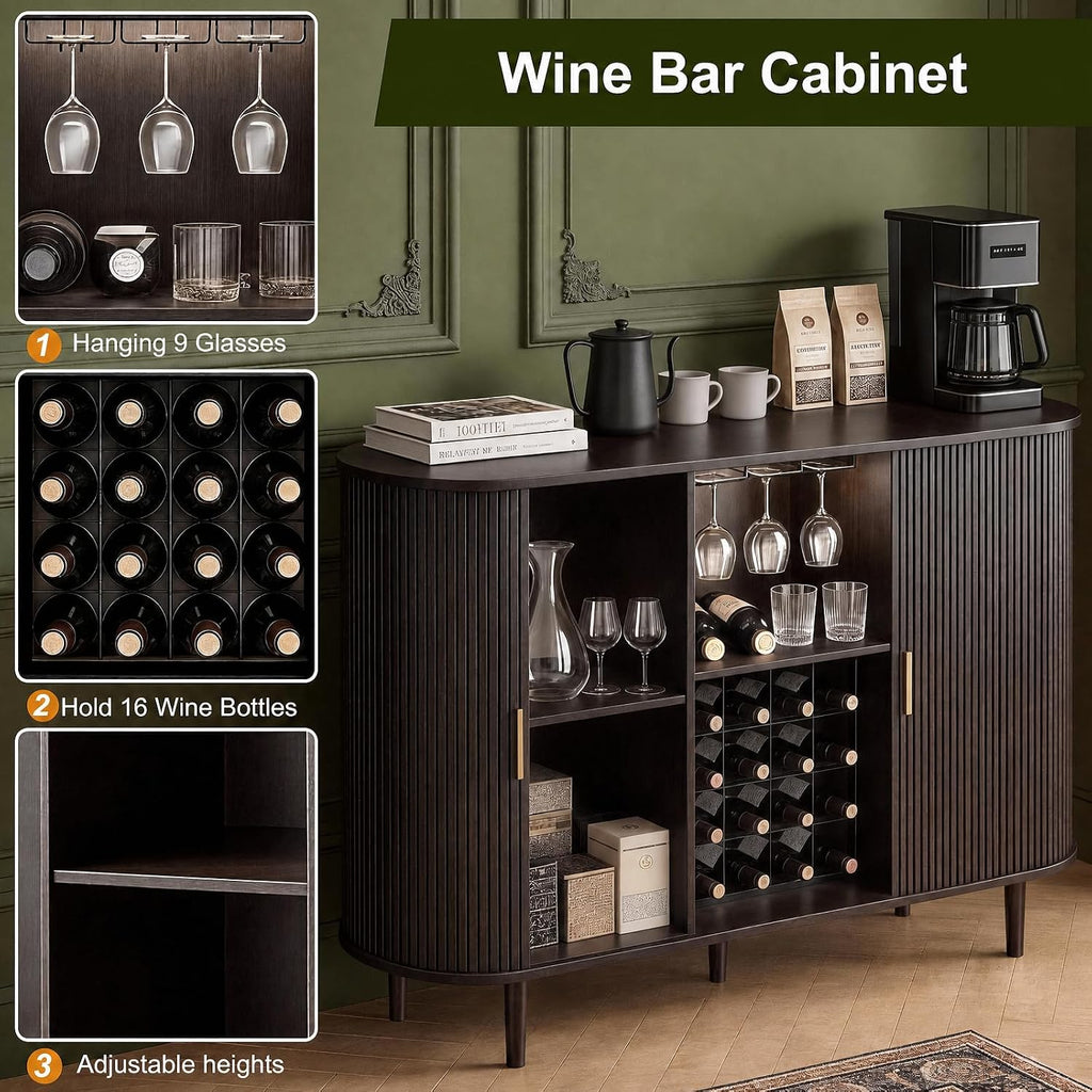 55" Wine Bar Cabinet with Storage, Fluted Liquor & Coffee Bar Cabinet with Wine Rack and Glass Holder, Buffet